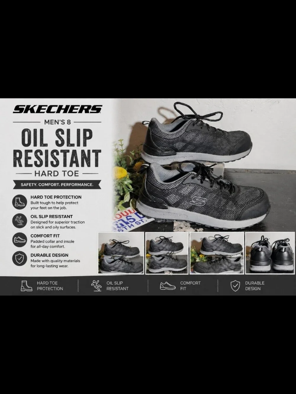 SKECHERS Men's 8 Oil Slip Resistant Hard Toe Black